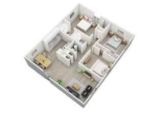 Elegant 3D floor plan showcasing 3 spacious bedrooms, an open living area, modern kitchen, and dining space. Ideal for comfortable family living.