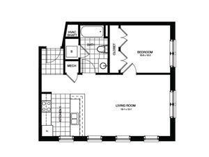 Modern apartment floor plan featuring spacious living room, bedroom, kitchen, and bathroom layout.