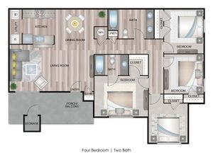 Contemporary four-bedroom, two-bath floor plan showcasing a spacious living room, modern kitchen, and inviting porch with balcony.
