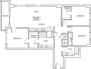 1480 square foot three bedroom two bath apartment floorplan image