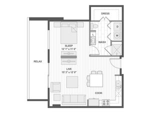 Modern floor plan featuring a spacious living area, cozy bedroom, kitchen, washroom, and a relaxing balcony.
