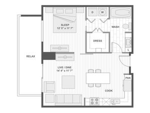 Modern floor plan featuring 1 bedroom, expansive open-concept living and dining area, well-equipped kitchen, and a relaxing balcony space.