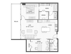 Chic open-concept floor plan featuring a spacious bedroom, modern kitchen, inviting living area, and private relaxation balcony.
