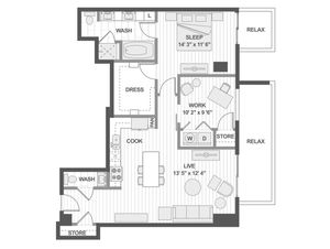 Modern 2D floor plan featuring a spacious 1 bedroom with attached dressing area, open-concept living and cooking space, dedicated work area, two relaxing balconies, and stylish washrooms.