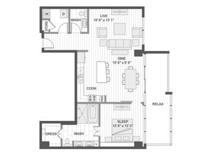 Elegant floor plan featuring a spacious living area, modern kitchen with cooking island, cozy bedroom, and stylish bathroom, complete with a relaxing balcony space.