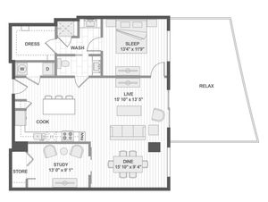 Contemporary floor plan featuring a spacious bedroom, open living and dining area, modern kitchen, study, and expansive rooftop terrace.