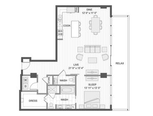 Modern floor plan showcasing a spacious 1-bedroom apartment with a large living area, open kitchen, and relaxing balcony.