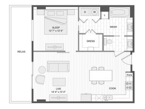 Modern floor plan showcasing a spacious one-bedroom suite, featuring a relaxing outdoor area, open-concept living and dining space, and a well-equipped kitchen.