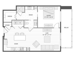 Modern floor plan featuring a spacious bedroom, open-concept kitchen and living area, and relaxing balcony.