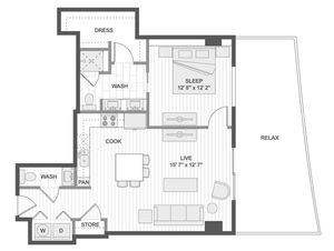 Contemporary floor plan showcasing a spacious 1-bedroom suite with open living area, modern kitchen, dual washrooms, and a large relaxing balcony.