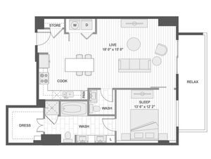 Modern floor plan showcasing a spacious 1-bedroom layout with an open-plan living space, stylish kitchen, and relaxing balcony area.
