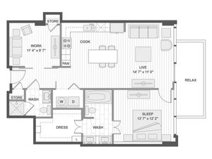 Chic floor plan showcasing an open-concept living area with dedicated work space, modern kitchen, and a luxurious bedroom with ensuite.