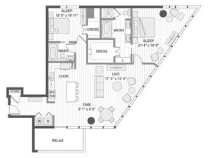 Chic and modern floor plan with two spacious bedrooms, open living space, sleek kitchen, and cozy dining area.
