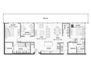 Modern floor plan showcasing 2 generous bedrooms, dedicated work area, open-concept living and dining spaces, and well-appointed kitchen, perfect for contemporary living.
