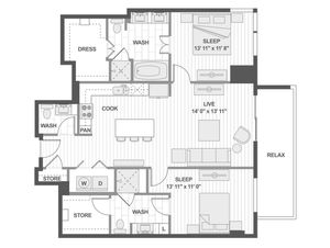Modern 2D floor plan showcasing 2 bedrooms, an inviting living space, open kitchen with island, and a relaxing balcony area.