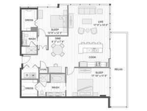 Modern 2D floor plan with 2 spacious bedrooms, open living area, stylish kitchen, and relaxing outdoor space.