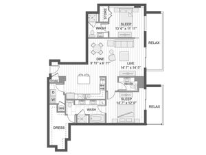 Contemporary floor plan featuring 2 spacious bedrooms, open living and dining area, modern kitchen, luxurious bathrooms, and private relaxation space.
