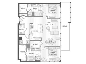 Elegant floor plan featuring 2 spacious bedrooms, open-concept living and dining area, modern kitchen, and a relaxing balcony space.
