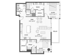 Elegant floor plan showcasing a modern apartment with 2 spacious bedrooms, open-concept kitchen and dining area, inviting living room, and a relaxing outdoor space.