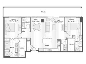 Modern 2D floor plan of a luxurious apartment featuring 3 spacious bedrooms, open-concept living and dining areas, stylish kitchen with island, and expansive balcony labeled \'relax\'.