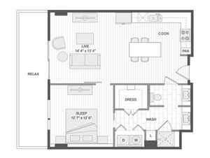 Modern 1-bedroom apartment floor plan showcasing spacious living area, stylish kitchen, relaxing outdoor space, and convenient laundry room.