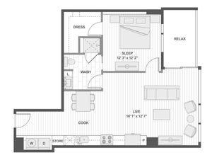 Contemporary 1-bedroom apartment floor plan featuring spacious living area, modern kitchen, and inviting relaxation space.