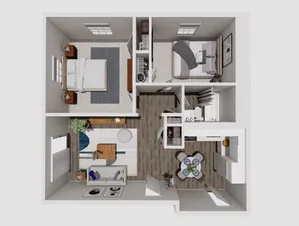 Modern 2-bedroom apartment floor plan with open living area, stylish kitchen, and cozy dining space. Perfect blend of comfort and elegance.