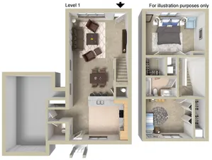 3D floor plan of a stylish two-level apartment with two bedrooms, a cozy living area, and a modern kitchen.