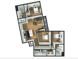 Modern 3D floor plan showcasing 3 spacious bedrooms, open-concept living area, sleek kitchen with island, and private balcony access.