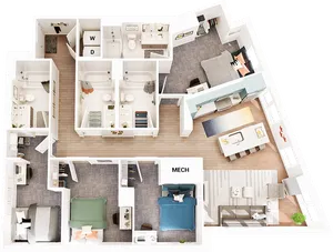 Rendering of a four bedroom floor plan at our student apartments near the University of Maryland, featuring 3D furniture.