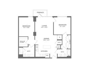 Modern floor plan showcasing 2 bedrooms, 2 baths, spacious living and dining area, and a convenient kitchen, complete with a terrace.