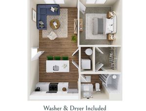 Modern 1-bedroom apartment floor plan with open living area, stylish kitchen, and convenient in-unit washer and dryer.