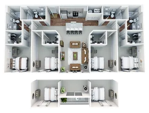 Modern 3D floor plan displaying a spacious layout with 4 bedrooms, inviting living area, sleek kitchen, and multiple bathrooms. Ideal for comfortable family living.