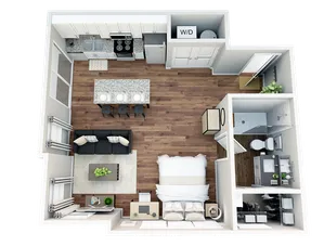 Modern open-concept floor plan featuring a spacious studio layout with a cozy living area, integrated kitchen with a breakfast bar, and a pristine bathroom. Includes convenient in-unit washer/dryer and stylish hardwood flooring.