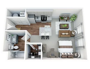 Modern 3D floor plan featuring a spacious bedroom, inviting living area, sleek kitchen with island, and a cozy bathroom with laundry facilities.