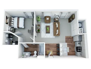 Inviting 3D floor plan featuring a cozy 1-bedroom apartment, stylish open-concept living area, modern kitchen with island, and a chic bathroom layout.