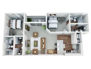 Modern 3D floor plan featuring two spacious bedrooms, an elegant living area, a sleek kitchen with an island, and two luxurious bathrooms. Includes a cozy balcony and convenient laundry area.