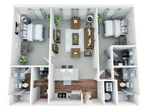 Modern 3D apartment floor plan showcasing 2 spacious bedrooms, stylish open-concept living area, and a gourmet kitchen with island seating.