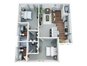 Charming 3D floor plan featuring 2 cozy bedrooms, modern kitchen with breakfast bar, inviting living room, and dual bathrooms.