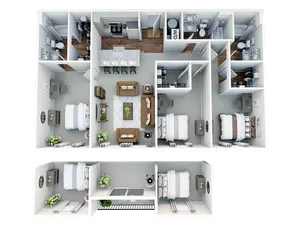 Modern 3D floor plan displaying 4 bedrooms and 4 bathrooms with a central open living area, stylish kitchen, and walk-in closets for optimal comfort and luxury.