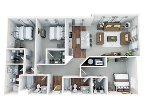 Modern 3D floor plan with 3 spacious bedrooms, open living area, stylish kitchen with island, and luxurious bathrooms.