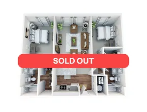 Modern 3D floor plan featuring 2 bedrooms, a cozy living room, and a fully-equipped kitchen, marked as Sold Out.