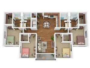 Charming 3D floor plan showcasing a modern apartment with three bedrooms, two bathrooms, a stylish living area, and an open kitchen layout.