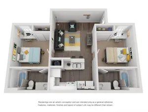 3D floor plan displaying two elegant bedrooms, modern living area, and a central kitchen with two bathrooms.