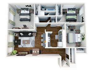 Modern 3D floor plan showcasing three elegant bedrooms, a cozy open living room, and a sleek kitchen with a dining area.