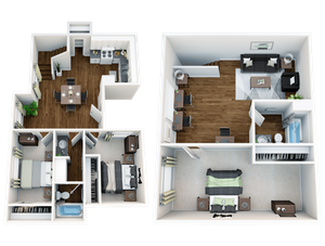 Elegant 3D floor plan showcasing a spacious two-story layout featuring two inviting bedrooms, a modern open-concept living and dining area, and a fully equipped kitchen with sleek finishes.