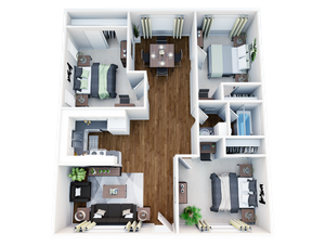 Sleek 3D floor plan showcasing 3 bedrooms, a modern kitchen, cozy living area, and elegant dining space with wood flooring.