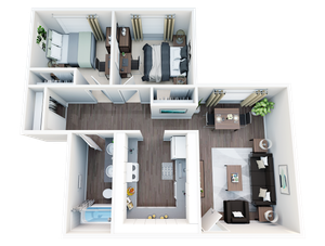 Elegant floor plan showcasing two cozy bedrooms, an inviting open-concept living and dining area, and a modern kitchen with sleek finishes.