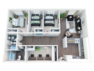 Modern 3D floor plan showcasing a sleek layout with three bedrooms, inviting open-concept living and dining area, and a contemporary kitchen.