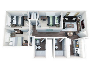 Modern 3D floor plan showcasing 3 cozy bedrooms, open living-dining area, sleek kitchen, and 2 bathrooms with stylish fixtures.
